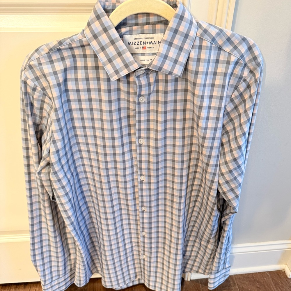 Mizzen + Main Men’s Buttondown Shirt Large Trim Fit Grey Blue Peach